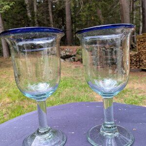 Beautiful Blue Rimmed Mexican Wine Glasses